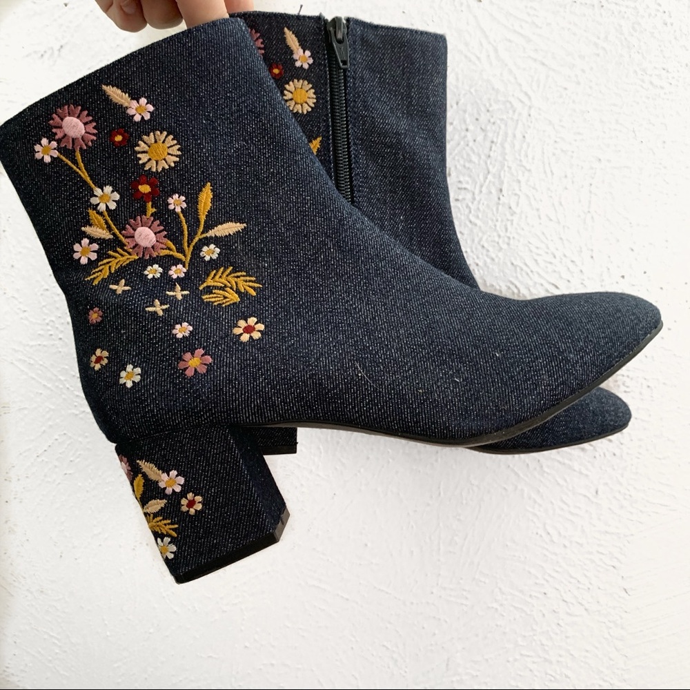 Denim floral booties